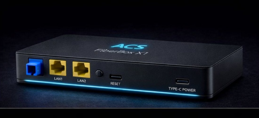 ACS FiberBox X1 from the front right, showing the slim chassis profile
