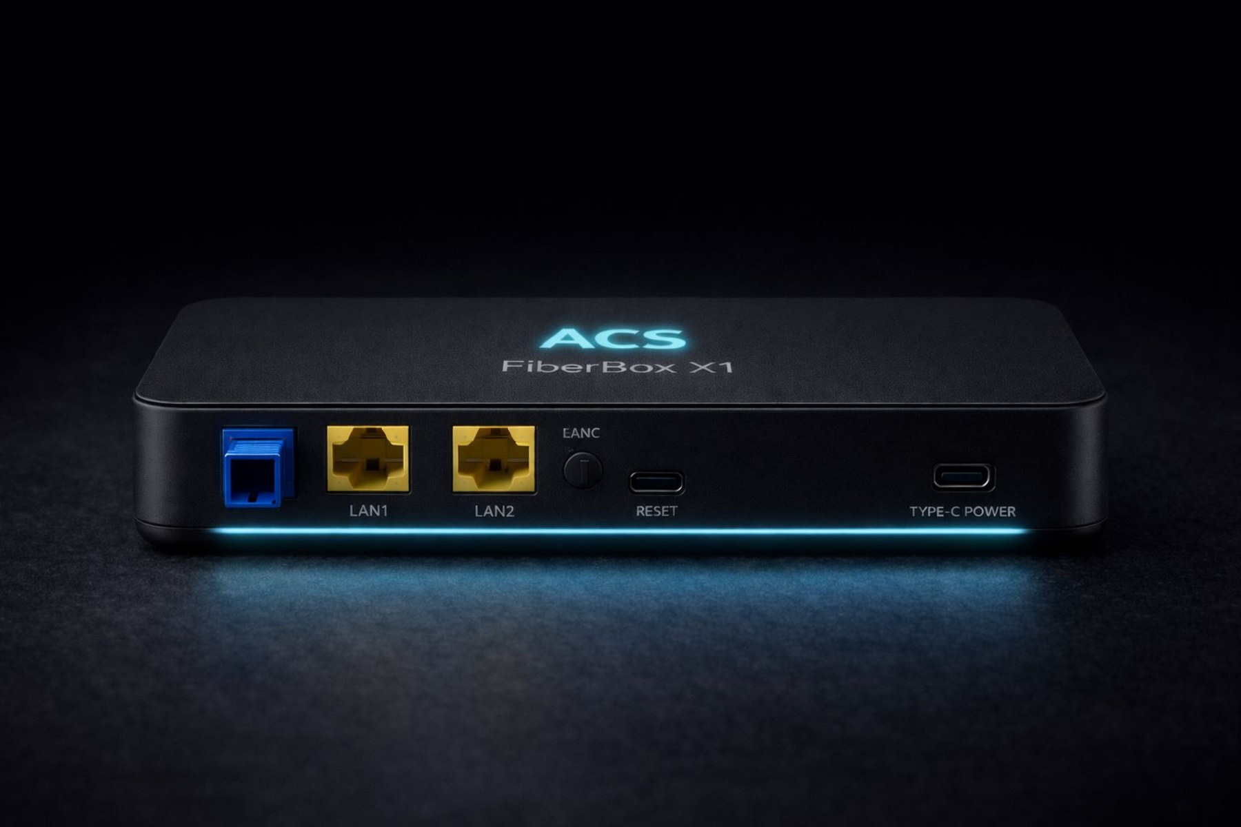 ACS FiberBox X1 desktop ONU showing the SC optical port, two Gigabit LAN ports, reset button, USB Type-C power input and illuminated front light bar