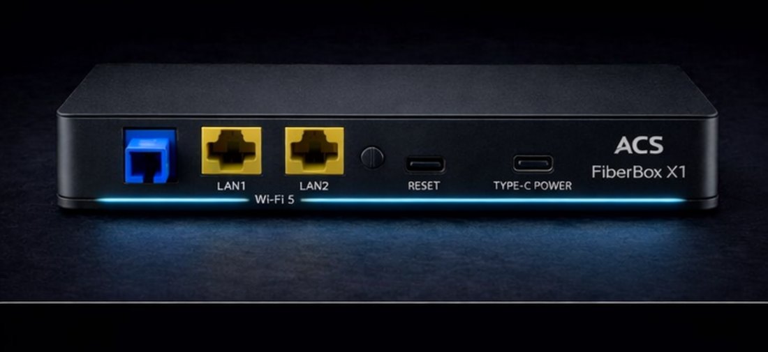 ACS FiberBox X1, rear-left perspective showing the service side