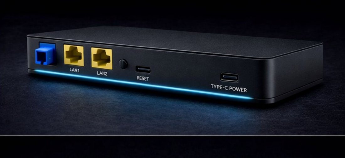 ACS FiberBox X1 from the rear right, showing the full port layout