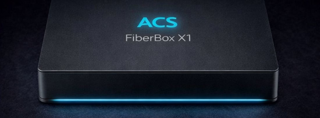 ACS FiberBox X1 seen from above, showing the ACS FiberBox X1 branding on the top surface and the glowing light bar at its base